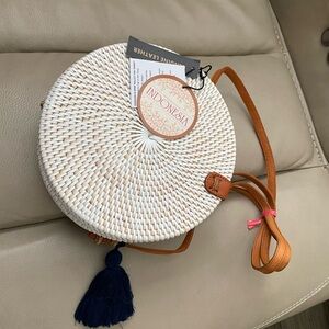 White and Tan Round Woven Bag
